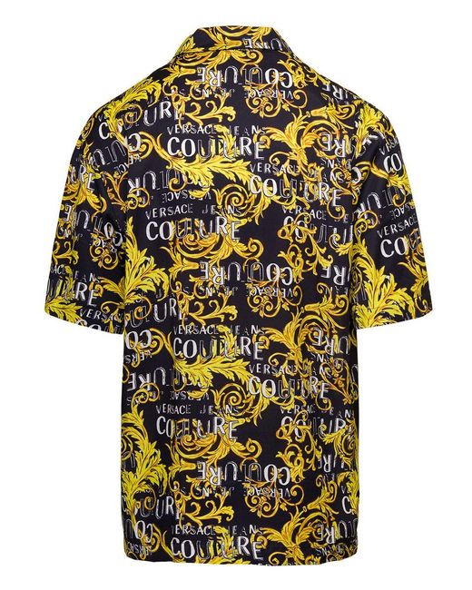 Versace Black Multicolor Short Sleeves Shirt With All-over Baroque Logo Print In Viscose for men