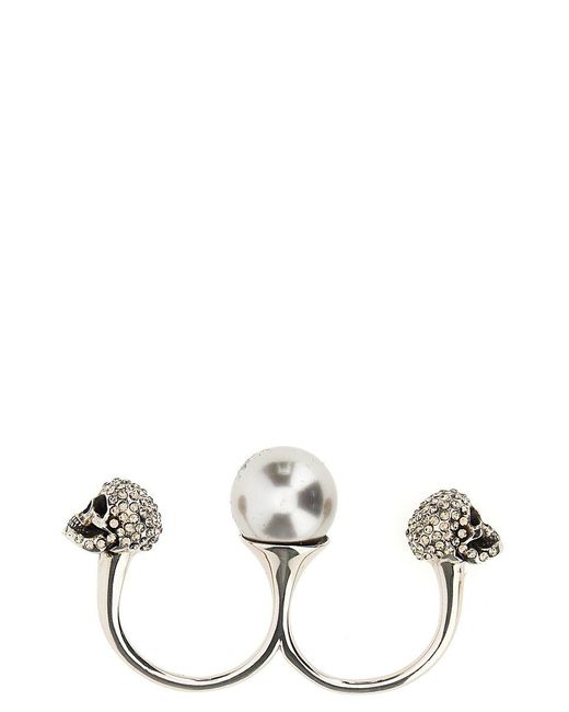 Alexander McQueen White Antiqued Double Pearl Skull Ring