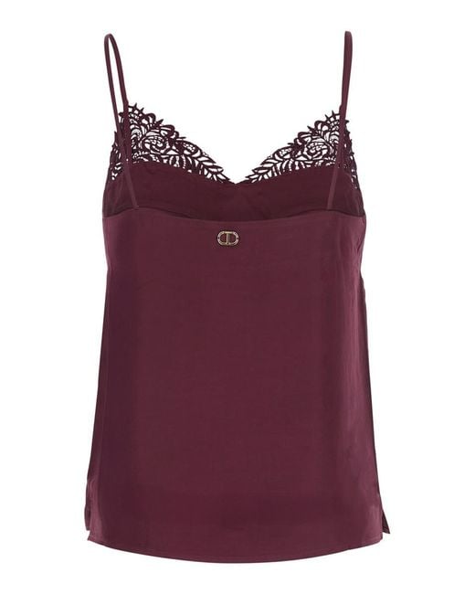 Twinset Purple Bordeaux Top With Thin Strap And Logo Plaque On The Back