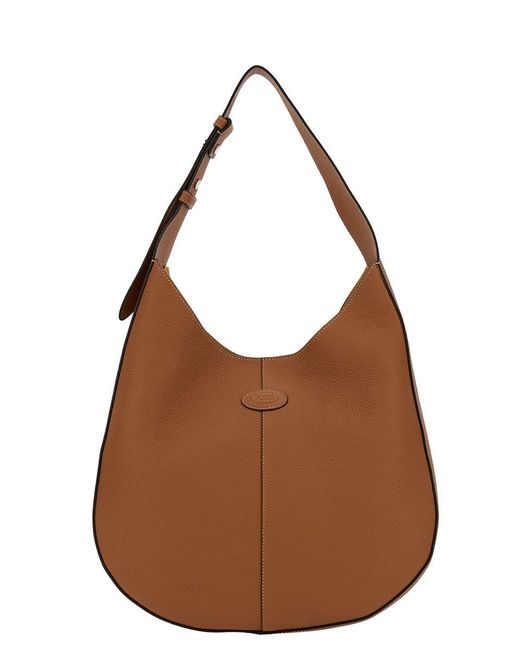 Tod's Brown Hobo Handbag With Tonal Embossed Logo In Grainy Hammered Woman
