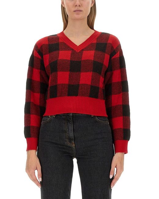 Moschino Cropped V-Neck Sweater With Checkered Pattern