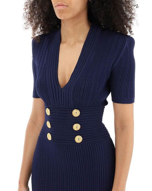 Balmain Blue Knit Minidress With Embossed Buttons