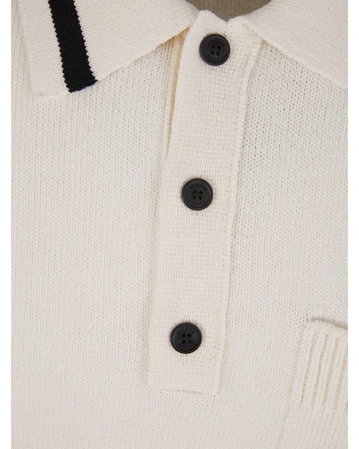 Balmain White Strip Knit Polo for men