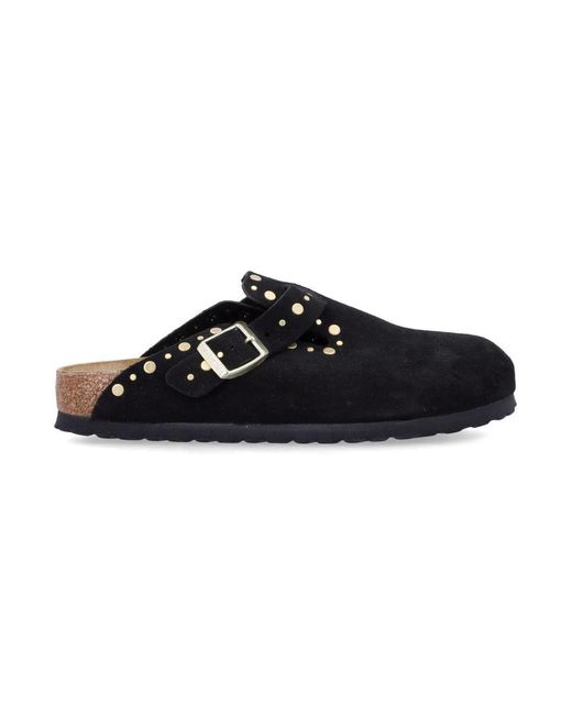 Birkenstock Black Boston Suede Mules With Studs