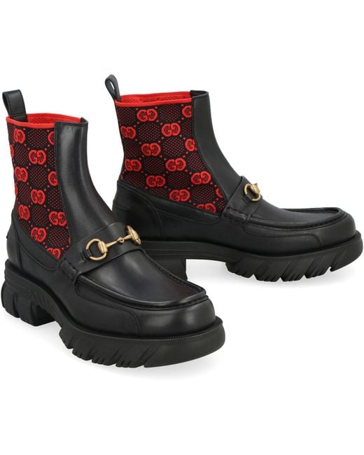 Gucci Black Leather Ankle Boots With Horsebit And GG Jersey for men