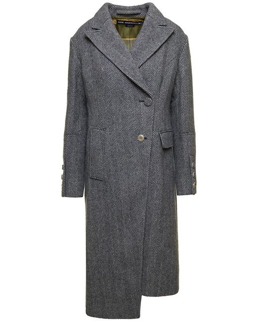 ANDERSSON BELL Gray 'enya' Grey Asymmetric Double-breasted Coat With Herringbone Pattern In Wool Woman