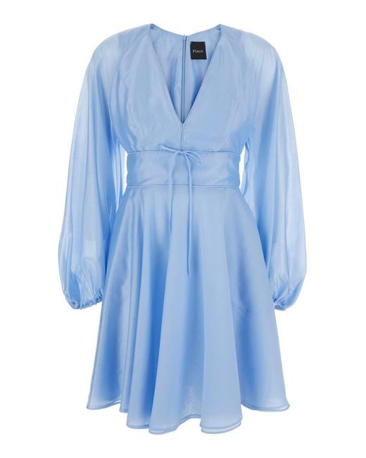 Plain Blue Light Dress With V-Neck And Flared Skirt