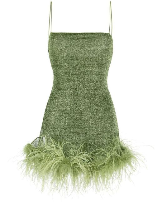 Oseree Metallic Green Short Dress With Feathers