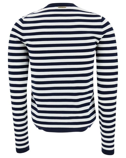Michael Kors Blue And Striped Sweater With Logo Patch In