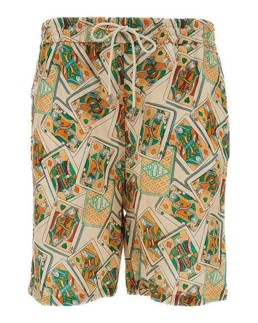Drole de Monsieur Green Multicolor Shorts With Jeu De Cartes Print In Linen And Cotton Man for men