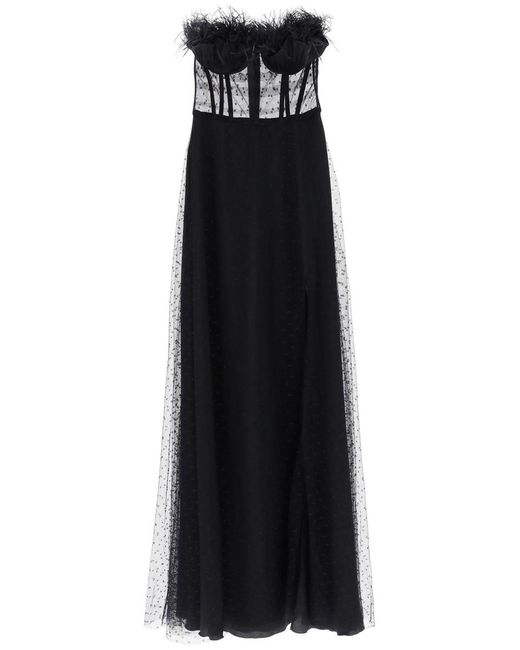 19:13 Dresscode Black 1913 Dresscode Long Bustier Dress With Feather Trim