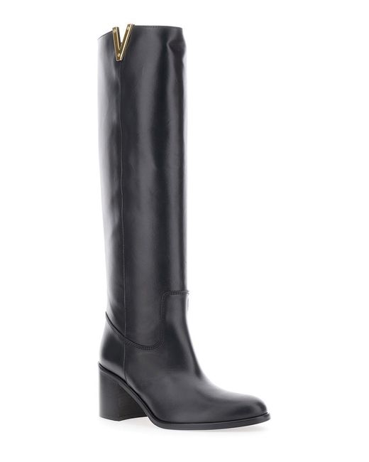 Via Roma 15 Black Knee-High Boots With Cut-Out On The Side And Logo Plaque