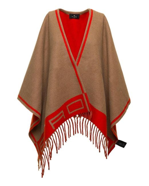 Etro Cape With Double Face Logo In Wool And Cashmere Blend Beige And ...