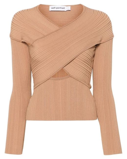 Self-Portrait Natural Ribbed Knit Wrap Top
