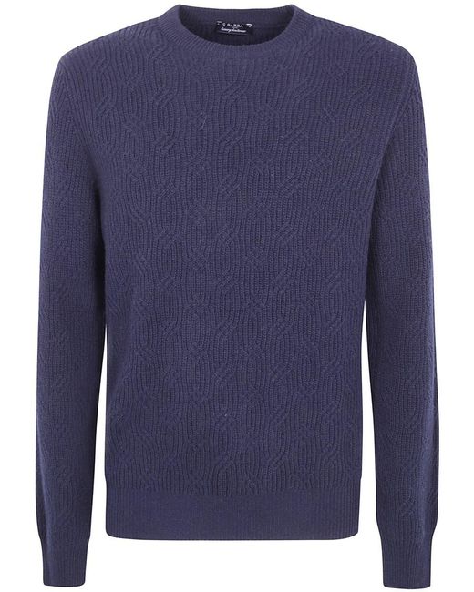 Barba Napoli Blue Round Neck Embroidery Sweater for men