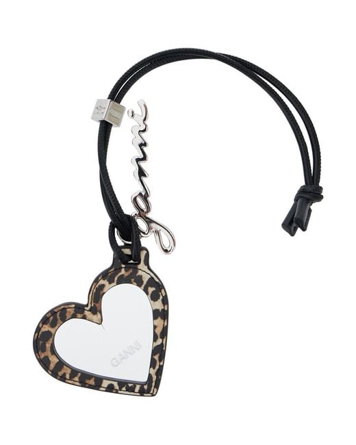 Ganni Black 'bou Heart' Brown Mirror With Logo Lettering Pendant And Leopard Motif In Metal Woman