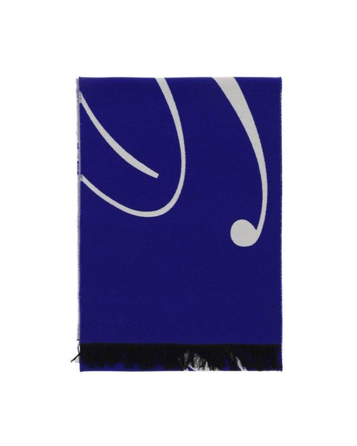 Burberry Blue Silk And Wool Logo Scarf