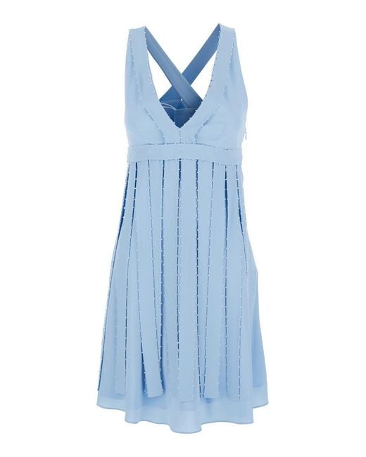 Giovanni bedin Blue Light Sleeveless Midi Dress With V Neck And Pearl Embellishments