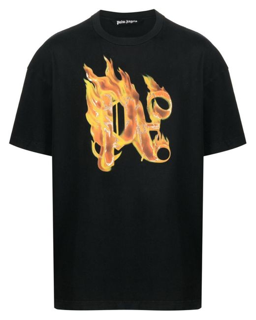 Palm Angels Black Burning Pa-print T-shirt for men