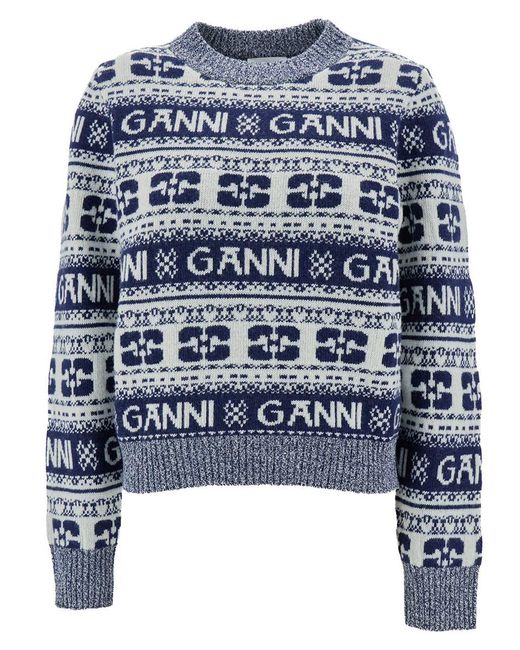 Ganni Blue And White Sweater With Jacquard Logo Motif In Wool Woman