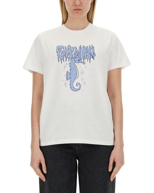 Ganni White Seahorse Print T-Shirt