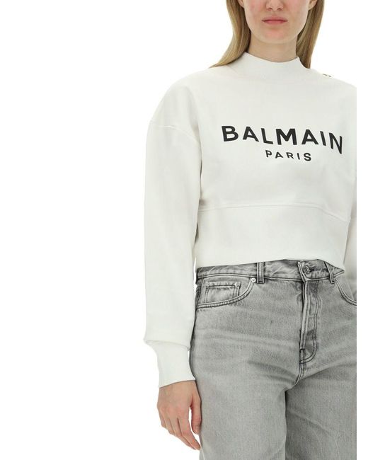 Balmain Gray Logo Cotton Sweatshirt