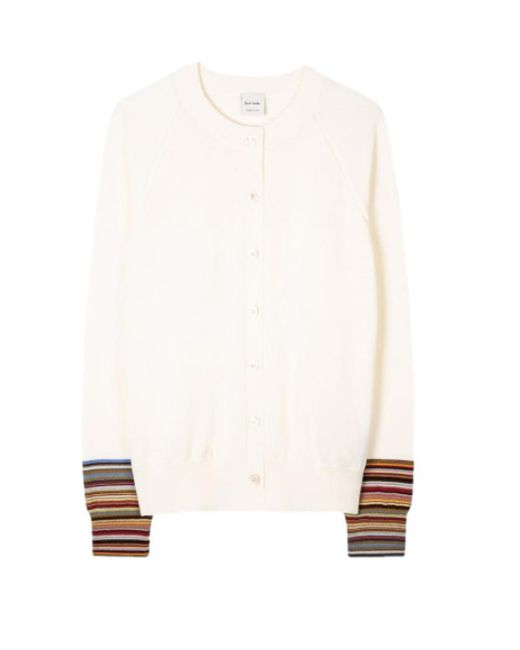 Paul Smith White Cardigan With 'signature Stripe' Cuffs Ivory