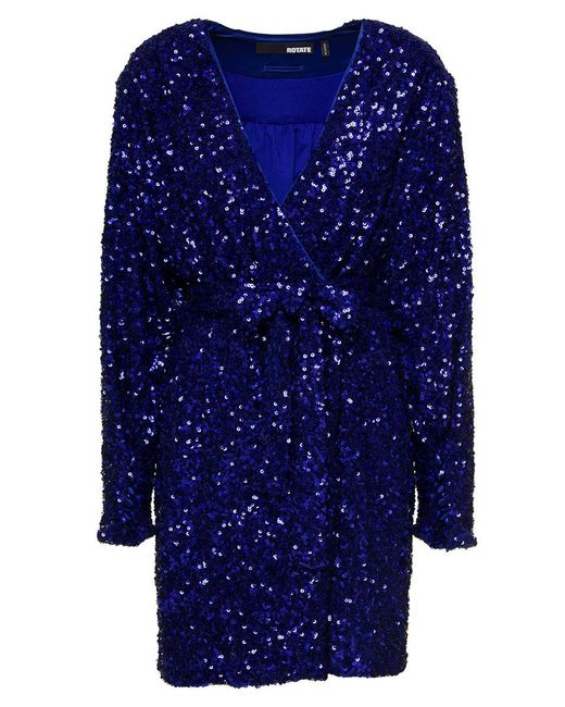 ROTATE BIRGER CHRISTENSEN Blue Mini Wrap Dress With All-Over Sequins