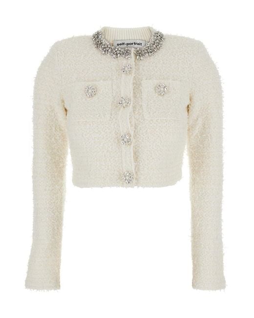 Self-Portrait White Crewneck Cropped Cardigan With Crystal Embellishments On The Collar