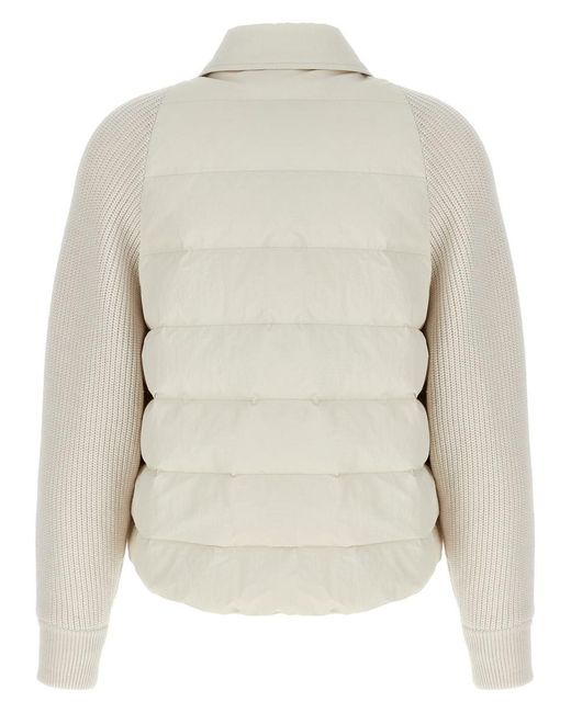 Brunello Cucinelli White Two-Material 'Shiny Flap Detail' Down Jacket