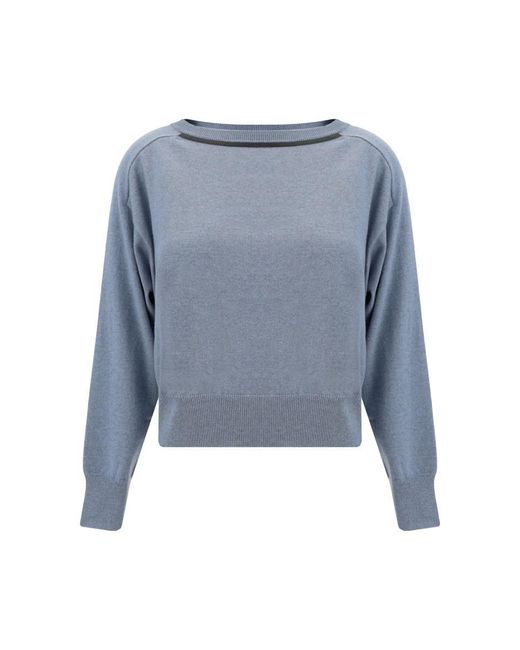 Brunello Cucinelli Blue Beaded Cashmere Crewneck Sweater