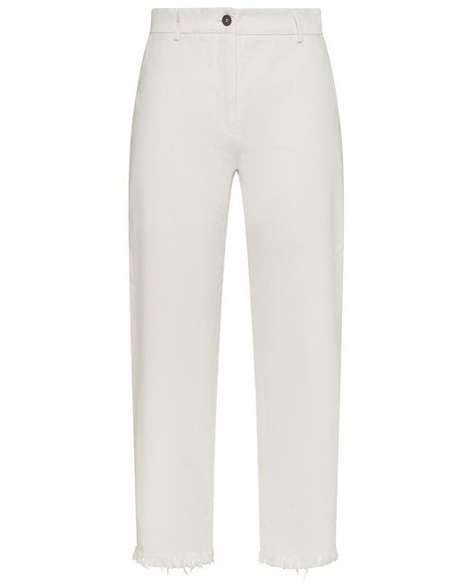Antonelli White Cotton Pants With Frayed Hem