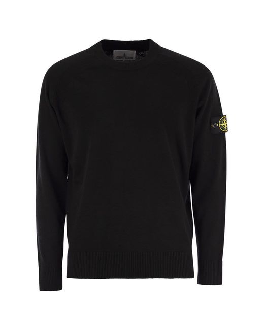 Stone Island Black Crew-Neck Jumper With Raglan Sleeves And Ribbed Edges for men