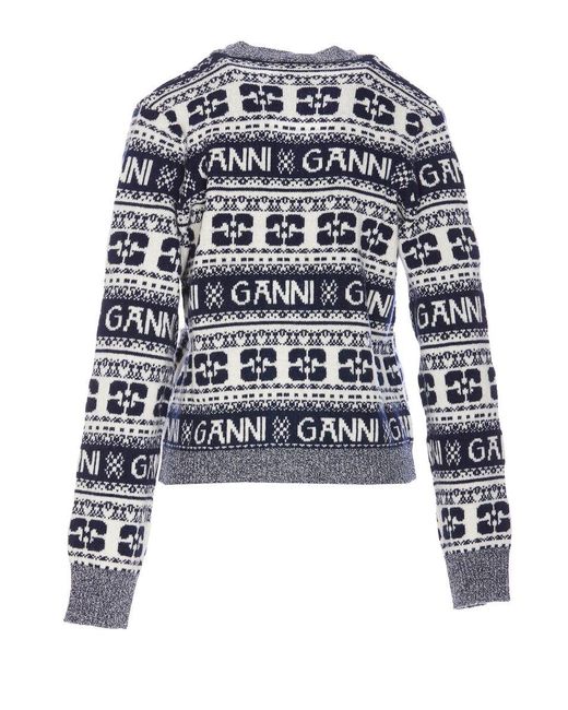 Ganni Blue Cardigan With Graphic Print All-Over