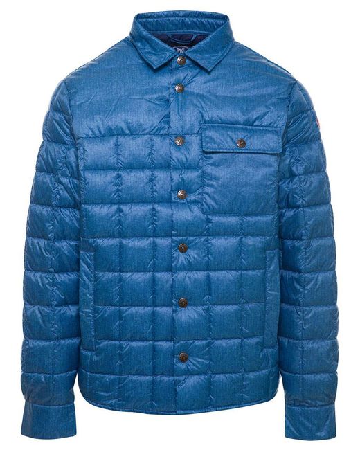 Save The Duck Blue Quilted Down Jacket With Logo Patch In Denim Printed Nylon Man for men
