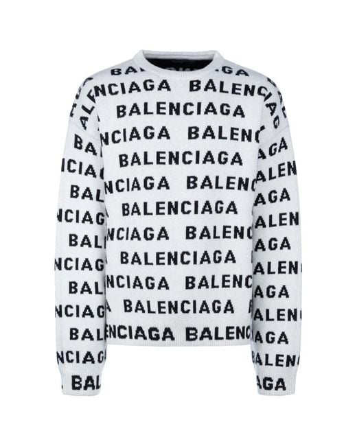 Balenciaga White Allover Logo Wool Blend Crewneck Sweater for men