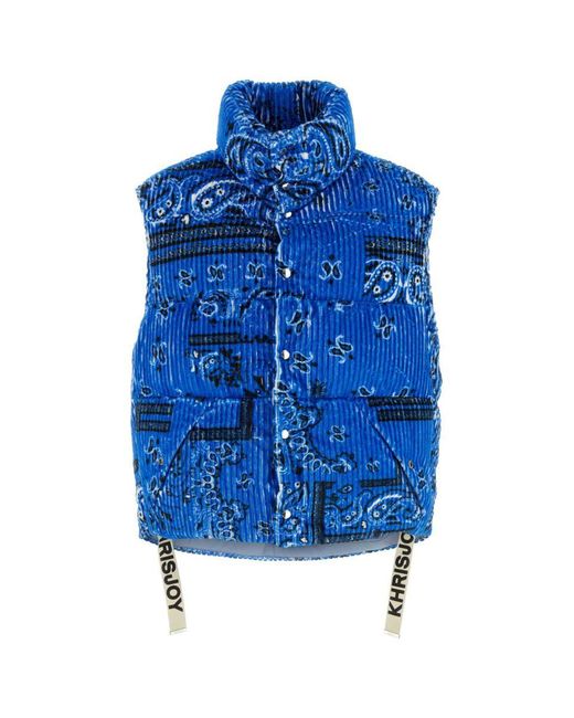 Khrisjoy Blue Printed Corduroy Oversize Sleeveless Down Jacket for men