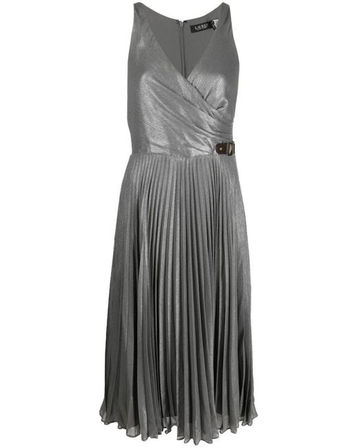 Ralph Lauren Gray Metallic Pleated Midi Dress