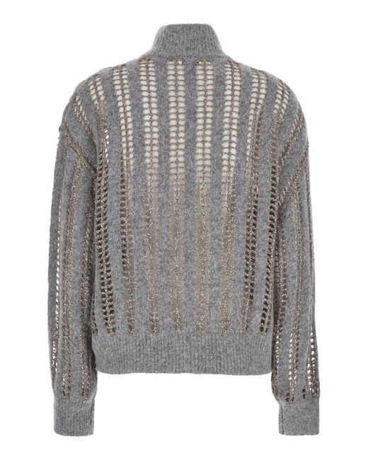 Brunello Cucinelli Gray High Neck Cardigan With Diamond Yarn And Sequins