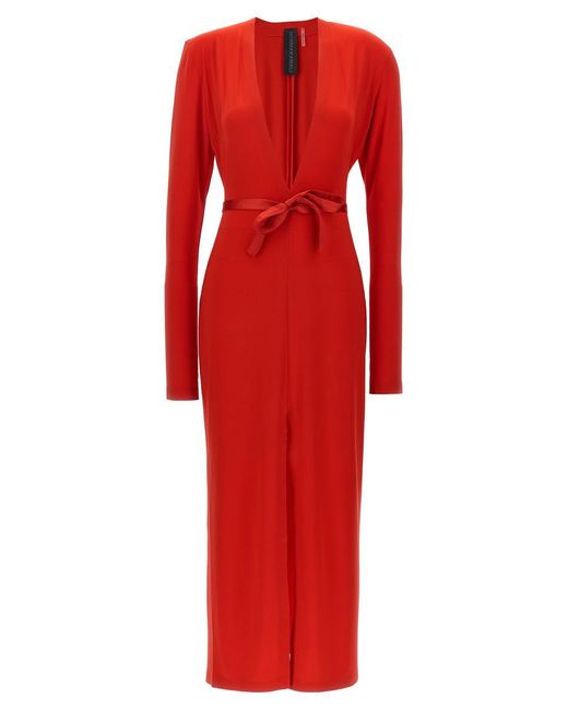 Norma Kamali Red Long Deep V-neck Dress Dresses