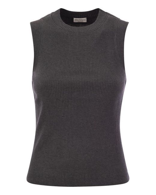 Brunello Cucinelli Black Ribbed Cotton Jersey Top With Monile