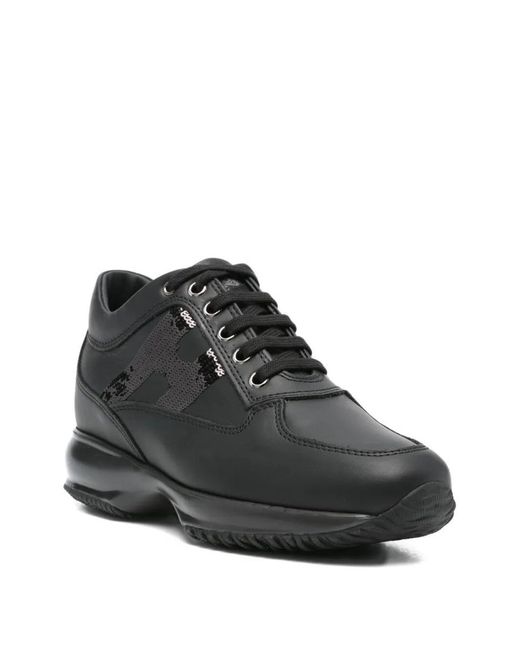 Hogan Black Interactive Sequin-Panel Leather Trainers