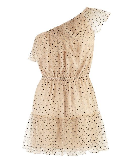 Gucci Natural Beige Mono-shoulder Dress Tulle With Polka Dot Motif All-over In Polyammide