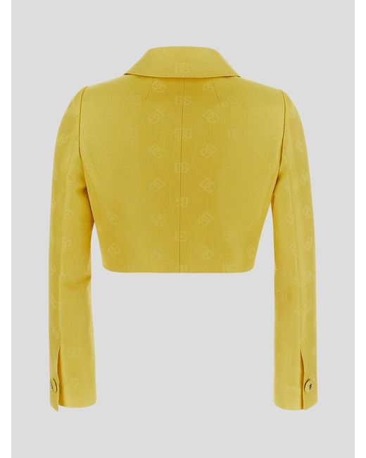 Dolce & Gabbana Yellow Short Quilted Jacquard Jacket With Dg Logo