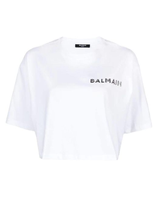 Balmain White Logo-appliqué Cropped T-shirt