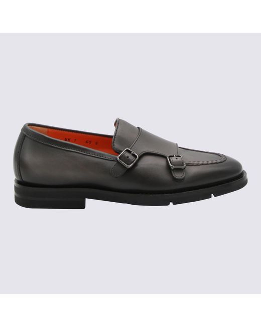 Santoni Black Grey Leather Loafers for men