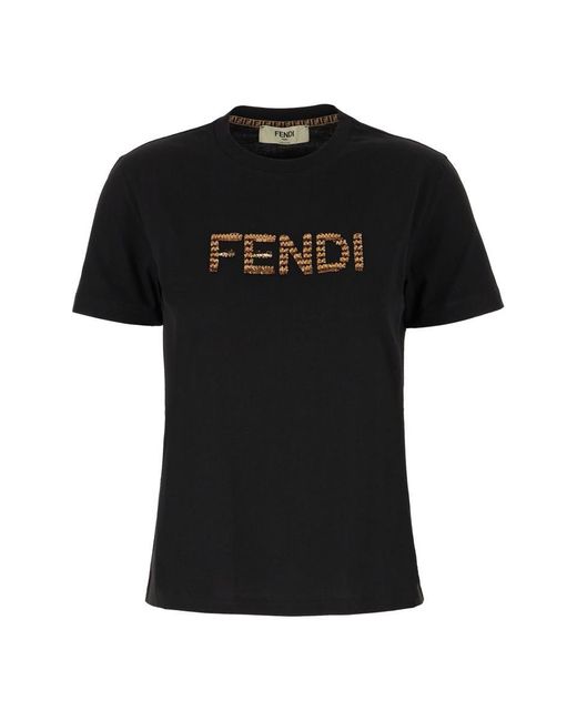 Fendi Black Embroidered Logo Cotton T-Shirt