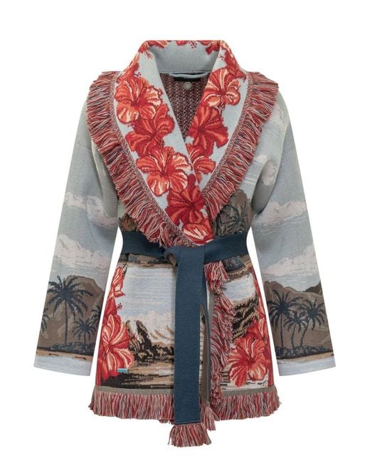 Alanui Cardigan With Tropical Pattern And Red Flowers