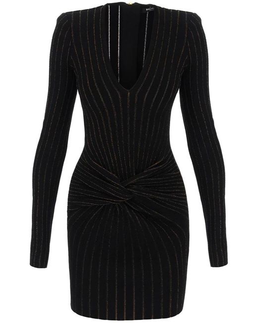 Balmain Black Knitted Mini Dress With Lurex Stripes