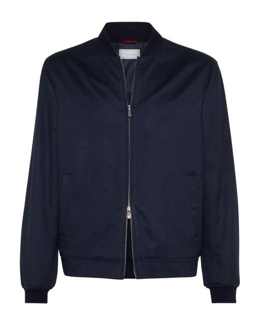 Brunello Cucinelli Blue Cashmere Bomber Jacket for men